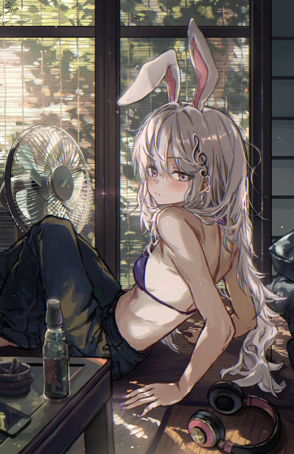 1girl animal_ears arm_support bikini bikini_top_only black_pants blush closed_mouth commentary earrings electric_fan expressionless feet_out_of_frame fortissimo from_side glass_bottle grey_eyes grey_hair hair_ornament headphones highres indoors jewelry long_hair looking_at_viewer looking_to_the_side messy_hair musical_note musical_note_hair_ornament no_shirt original pants purple_bikini rabbit_ears reclining saya_(mychristian2) solo swimsuit table tatami turning_head unworn_headphones very_long_hair window