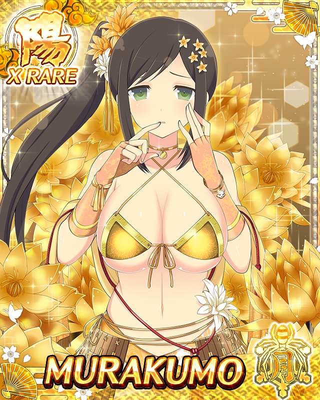1girl bikini border breasts brown_hair card_(medium) character_name cleavage finger_to_mouth fingerless_gloves floral_background flower game_cg gloves gold_bikini gold_choker gold_flower green_eyes hair_flower hair_ornament hair_ribbon hand_on_own_face hip_armor large_breasts long_hair murakumo_(senran_kagura) navel official_art orange_gloves ribbon senran_kagura senran_kagura_new_wave side_ponytail solo swimsuit third-party_source