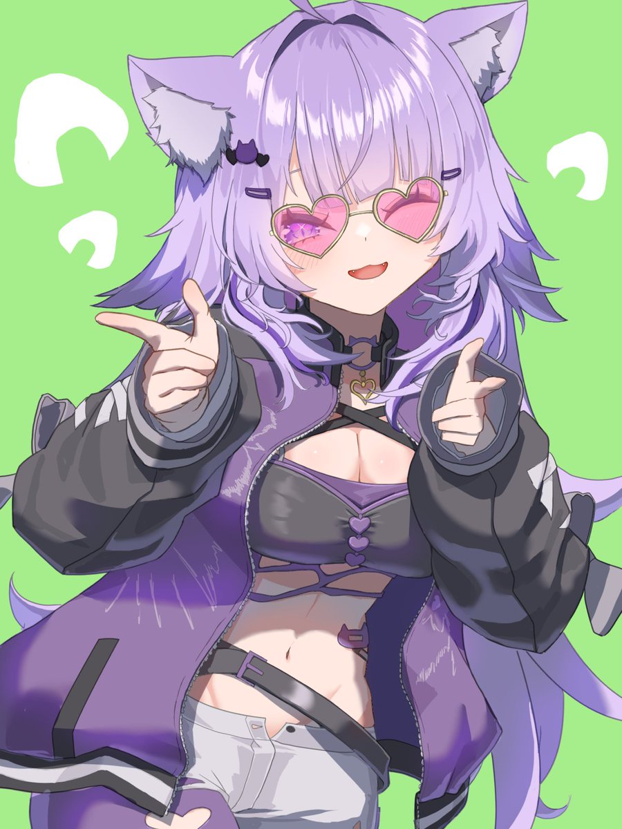 1girl :3 animal_ear_fluff animal_ears black_bra bra breasts cat_ears cat_girl commentary_request fangs green_background highres hololive jacket large_breasts long_hair nekomata_okayu one_eye_closed open_clothes open_jacket pantyhose pantyhose_under_shorts parted_lips pointing pointing_at_viewer purple_eyes purple_hair purple_jacket purple_pantyhose remynoue shorts smile underwear virtual_youtuber white_shorts