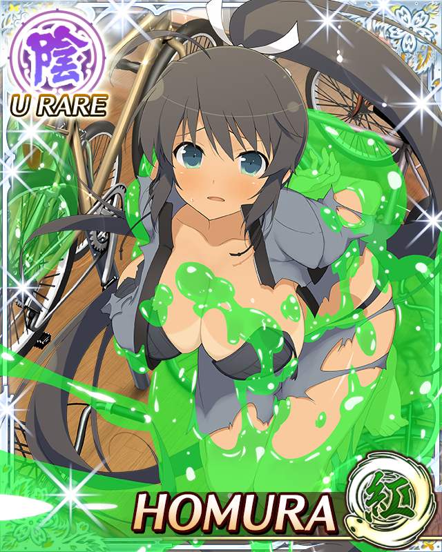 1girl ahoge aqua_eyes arms_behind_back bicycle bikini_tan black_bra black_hair border bra breasts card_(medium) character_name cleavage creature dark-skinned_female dark_skin from_above game_cg grey_jumpsuit hair_ribbon high_ponytail homura_(senran_kagura) jumpsuit large_breasts long_hair looking_at_viewer official_art open_mouth ponytail restrained ribbon senran_kagura senran_kagura_new_wave slime_(creature) slime_(substance) solo sweatdrop tan tanline third-party_source torn_clothes torn_jumpsuit underwear very_long_hair white_ribbon
