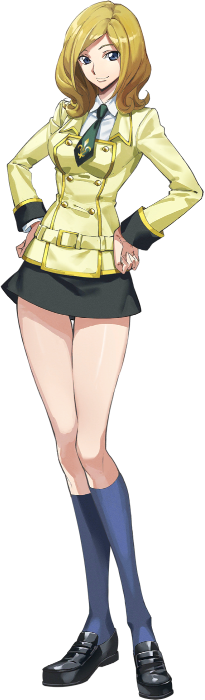 1girl black_shoes black_skirt black_socks blonde_hair blue_eyes breasts buttons closed_mouth code_geass code_geass:_genesic_re;code collared_shirt crossed_legs double-breasted from_above full_body green_necktie hand_on_own_chin happy highres invisible_chair jacket kneehighs layered_sleeves long_sleeves looking_at_viewer looking_up medium_breasts medium_hair milly_ashford miniskirt necktie official_art school_uniform shiny_skin shirt shoes sidelocks simple_background sitting skirt smile socks solo stroking_own_chin thighs transparent_background v-shaped_eyebrows white_shirt yellow_jacket