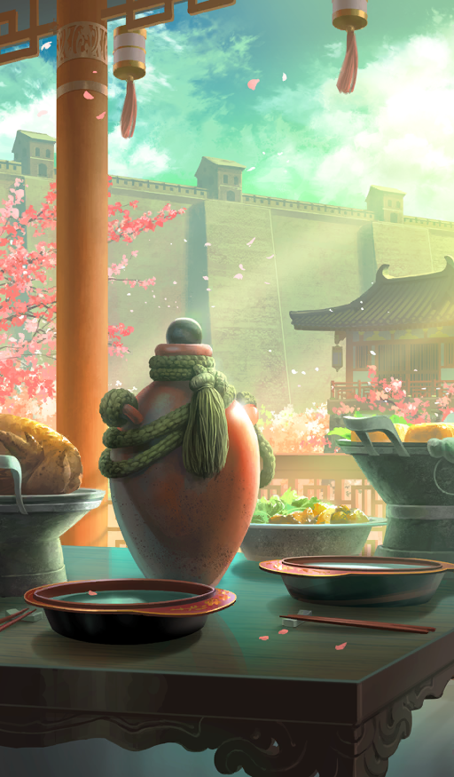architecture bowl chopsticks cloud commentary east_asian_architecture fate/grand_order fate_(series) food food_request lasengle light_rays no_humans official_art petals scenery sky still_life sunbeam sunlight third-party_source tree vase