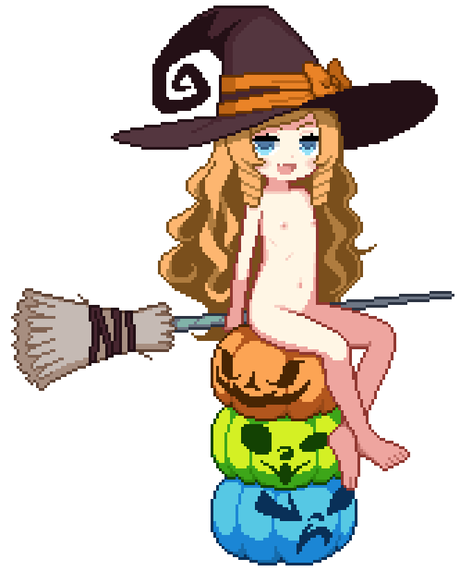 1girl :d ami_(ammy33) animated animated_gif blonde_hair blue_eyes blush broom broom_riding crossed_ankles doctor_magus doctor_magus_4 drill_hair drill_sidelocks etrian_odyssey fang flat_chest full_body halloween hat hat_ribbon holding holding_broom large_hat loli long_hair looking_at_viewer looping_animation mesugaki navel nipples nude open_mouth pixel_art pumpkin ribbon sekaiju_no_meikyuu sekaiju_no_meikyuu_2 sidelocks simple_background sitting skin_fang smile solo transparent_background very_long_hair witch_hat