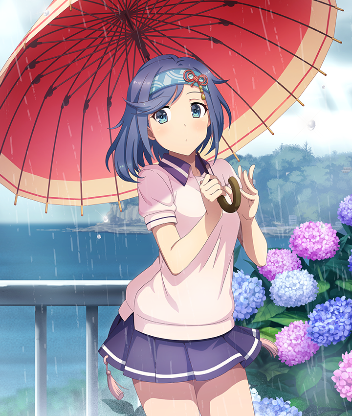 1girl aoto_hina blue_eyes blue_flower blue_hair blue_hairband blue_skirt breasts buttons cloud cloudy_sky cowboy_shot day flower game_cg hairband hands_up holding holding_umbrella horizon hydrangea looking_at_viewer official_art outdoors parted_lips print_hairband purple_flower railing rain red_umbrella renpu_girls_school_uniform school_uniform shirt short_hair short_sleeves skirt sky small_breasts solo tassel third-party_source toji_no_miko toji_no_miko:_kizamishi_issen_no_tomoshibi umbrella under_umbrella water white_shirt