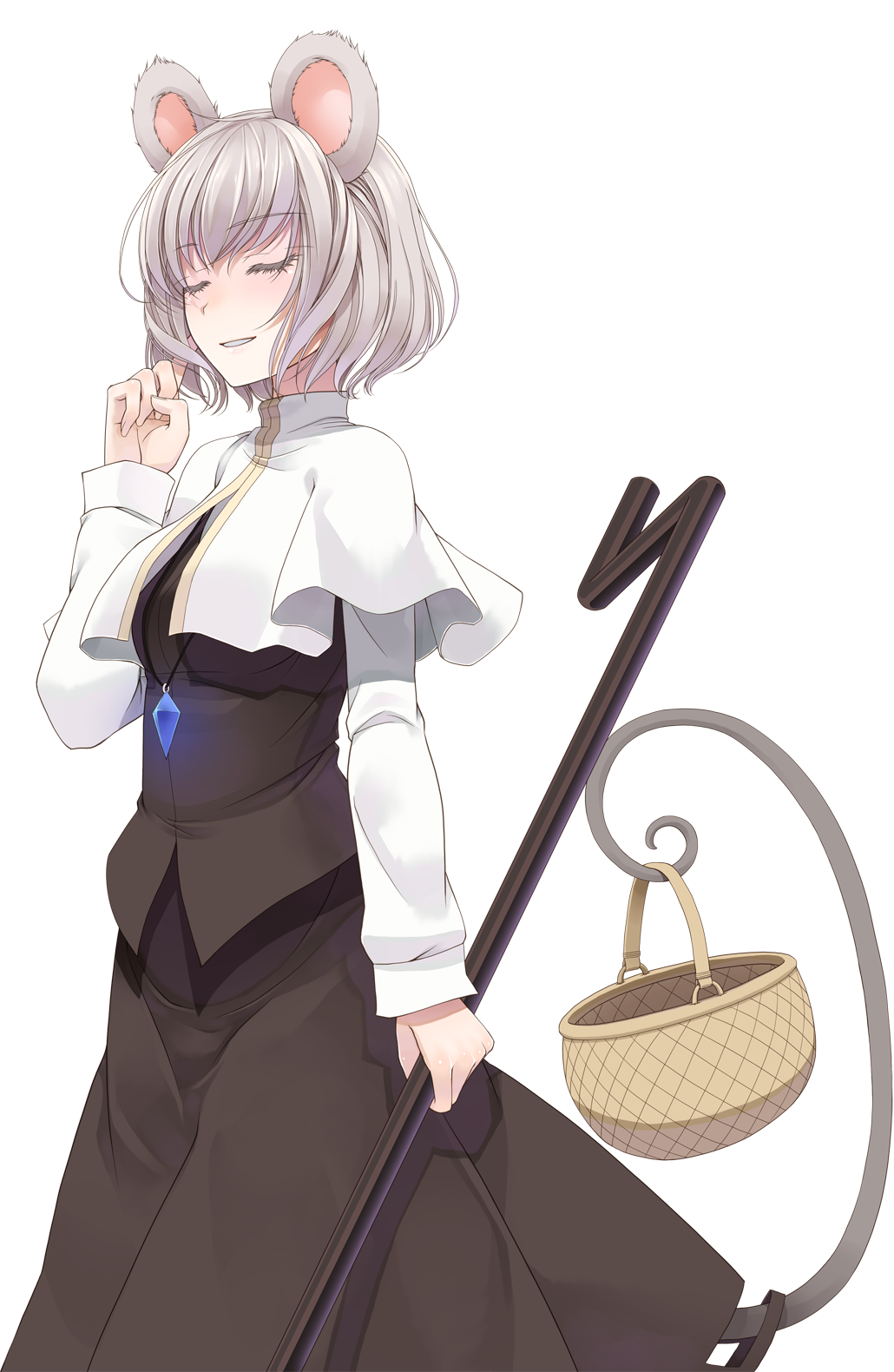 1girl animal_ears basket brown_skirt brown_vest capelet closed_eyes commentary_request cowboy_shot crote crystal dowsing_rod fingernails from_side grey_hair hand_up highres holding holding_basket holding_with_tail index_finger_raised jewelry large_variant_set long_skirt long_sleeves mouse_ears mouse_girl mouse_tail nazrin parted_lips pendant prehensile_tail scratching_cheek shirt short_hair skirt smile solo standing tachi-e tail touhou transparent_background u_u variant_set vest white_capelet white_shirt