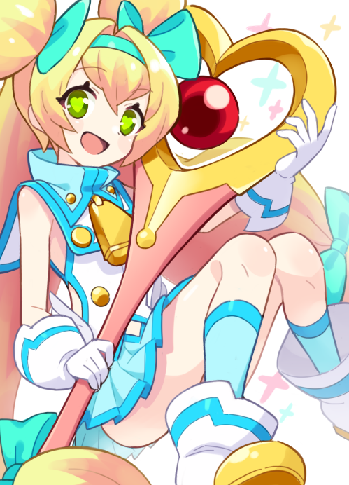 1girl :d aqua_bow aqua_hairband aqua_skirt aqua_socks bare_shoulders bell blazblue blonde_hair blue_trim blush_stickers boots bow buttons clothing_cutout commentary_request cowbell floating gloves green_eyes hair_bow hairband heart heart-shaped_pupils holding holding_staff karasu_no_katte knees_up long_hair looking_at_viewer low-tied_long_hair mage_staff magical_girl miniskirt multiple_hair_bows open_mouth platinum_the_trinity quad_tails shirt side_cutout skirt sleeveless sleeveless_shirt smile socks solo staff symbol-shaped_pupils two_side_up very_long_hair white_background white_boots white_gloves white_shirt