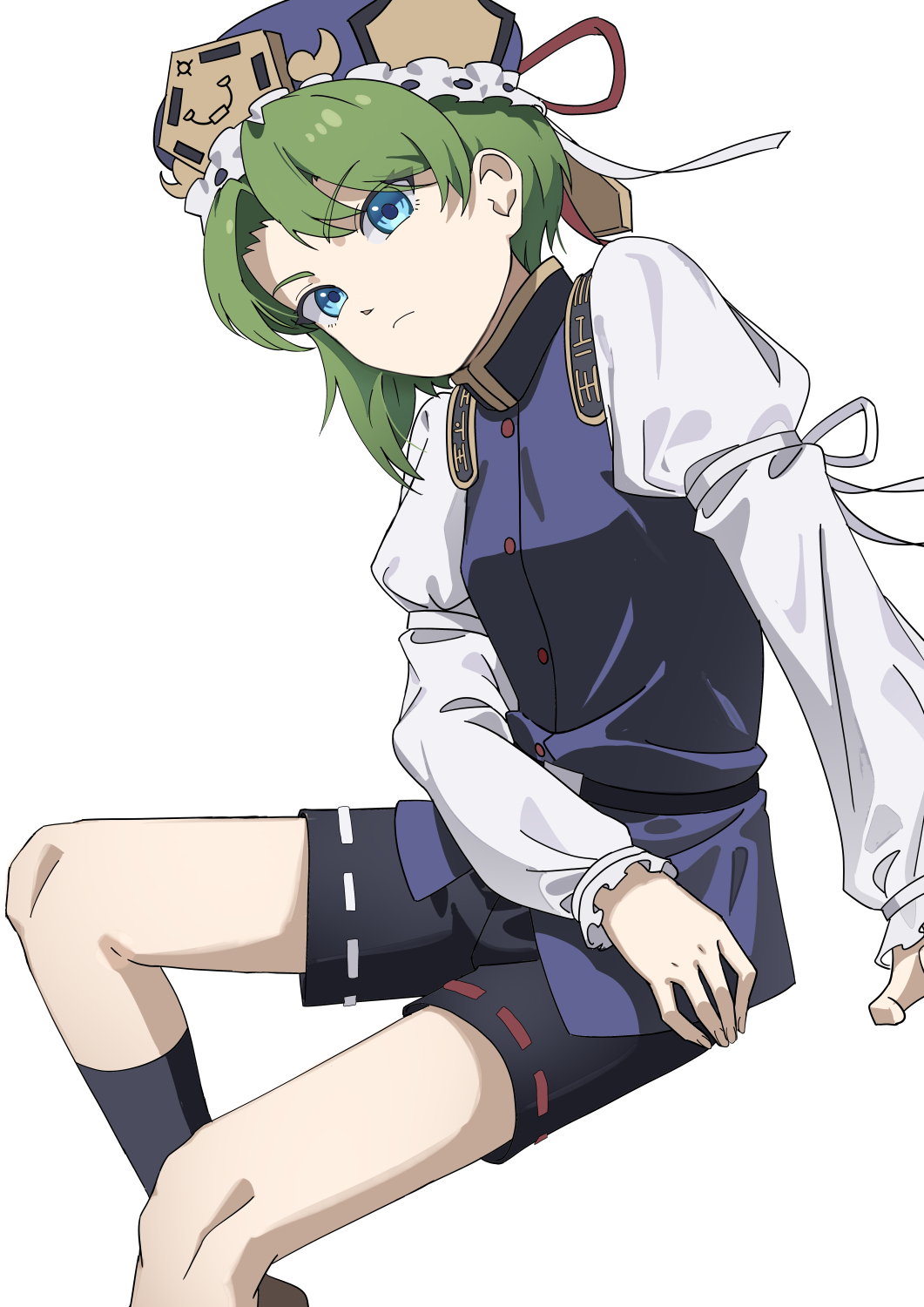 1girl asuka_shirou asymmetrical_hair black_pants black_socks blue_hat commentary_request epaulettes flower frilled_hat frills green_hair hair_bobbles hair_ornament hat hat_ribbon highres looking_at_viewer pants ribbon ribbon-trimmed_skirt ribbon_trim shiki_eiki sitting sleeve_bow socks solo spider_lily touhou vest white_background