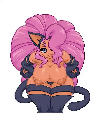 1girl alternate_color animal_ears animated animated_gif bare_shoulders black_fur blue_eyes bouncing_breasts breasts cat_ears cat_girl cat_tail dark-skinned_female dark_skin darkstalkers fang felicia_(darkstalkers) hands_on_own_hips large_breasts long_hair mo2 nipples official_alternate_color one_eye_covered pink_hair pixel_art tail very_long_hair white_background wide_hips