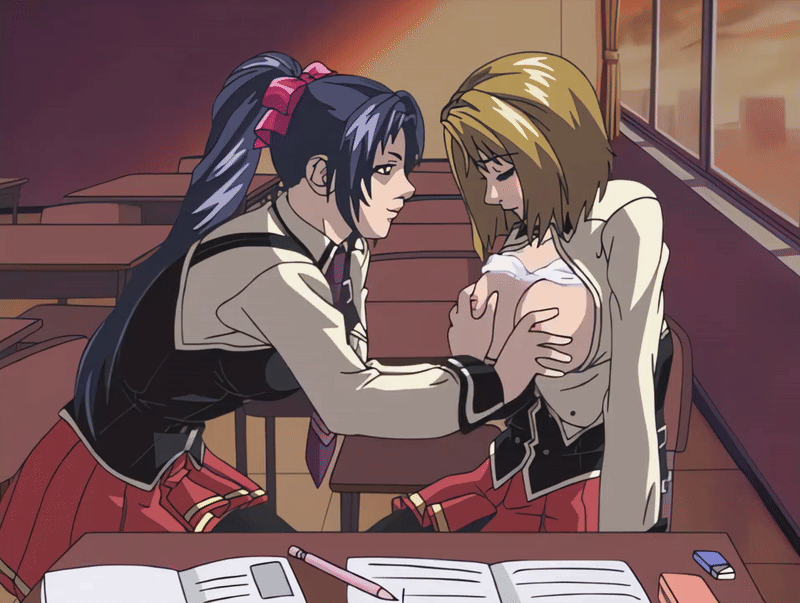 00s 2002 2girls animated animated_gif bible_black bible_black_gaiden blonde_hair blush bouncing_breasts bra bra_lift breasts classroom clothes_lift clothes_pull cloud cloudy_sky desk drill_hair drill_ponytail grabbing_another's_breast groping groping_breast kitami_reika kozono_nami large_breasts multiple_girls necktie nipples open_clothes opening_another's_clothes ponytail purple_hair red_sky school school_uniform shirt short_hair sky sunset suspenders tagme underwear unworn_bra white_shirt window yuri