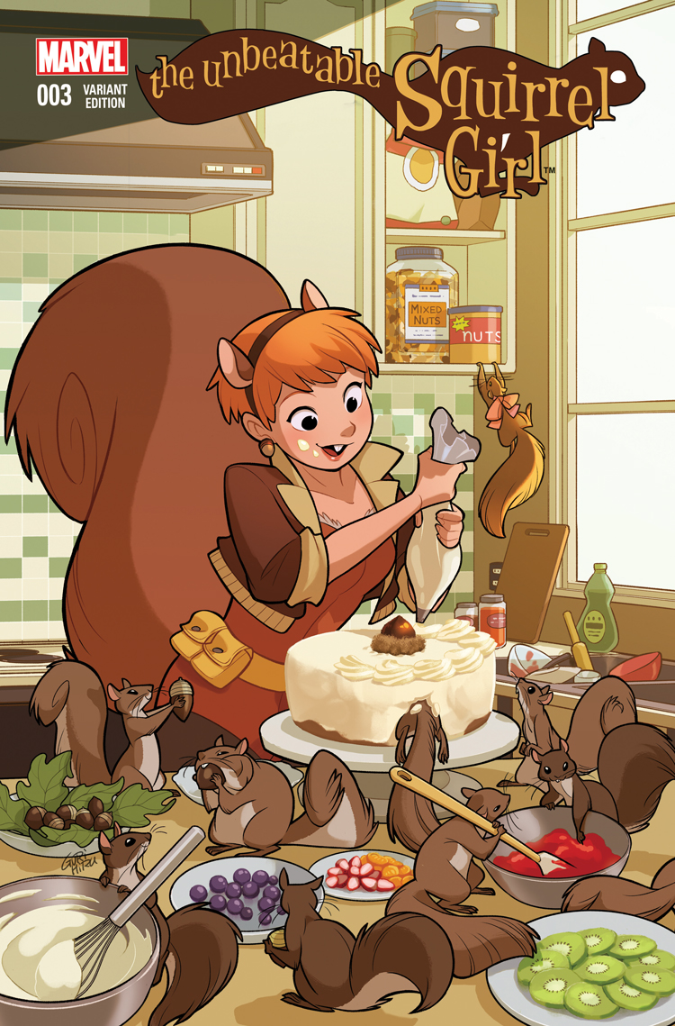 1girl :d acorn acorn_earrings animal animal_ear_hairband animal_ears baking belt black_eyes brown_jacket brown_leggings buck_teeth cake character_name comic_cover company_name copyright_logo copyright_name cropped_jacket eating english_text fake_animal_ears food food_on_face fruit grapes gurihiru hairband holding holding_pastry_bag icing indoors jacket kitchen kiwi_(fruit) kiwi_slice leggings leotard logo looking_at_food marvel mixing mixing_bowl official_art open_mouth orange_(fruit) orange_hair orange_leotard orange_slice oven pastry_bag plate rolling_pin short_hair smile squirrel squirrel_ears squirrel_girl_(marvel) squirrel_tail strawberry strawberry_slice tail teeth tippy-toe utility_belt whisk