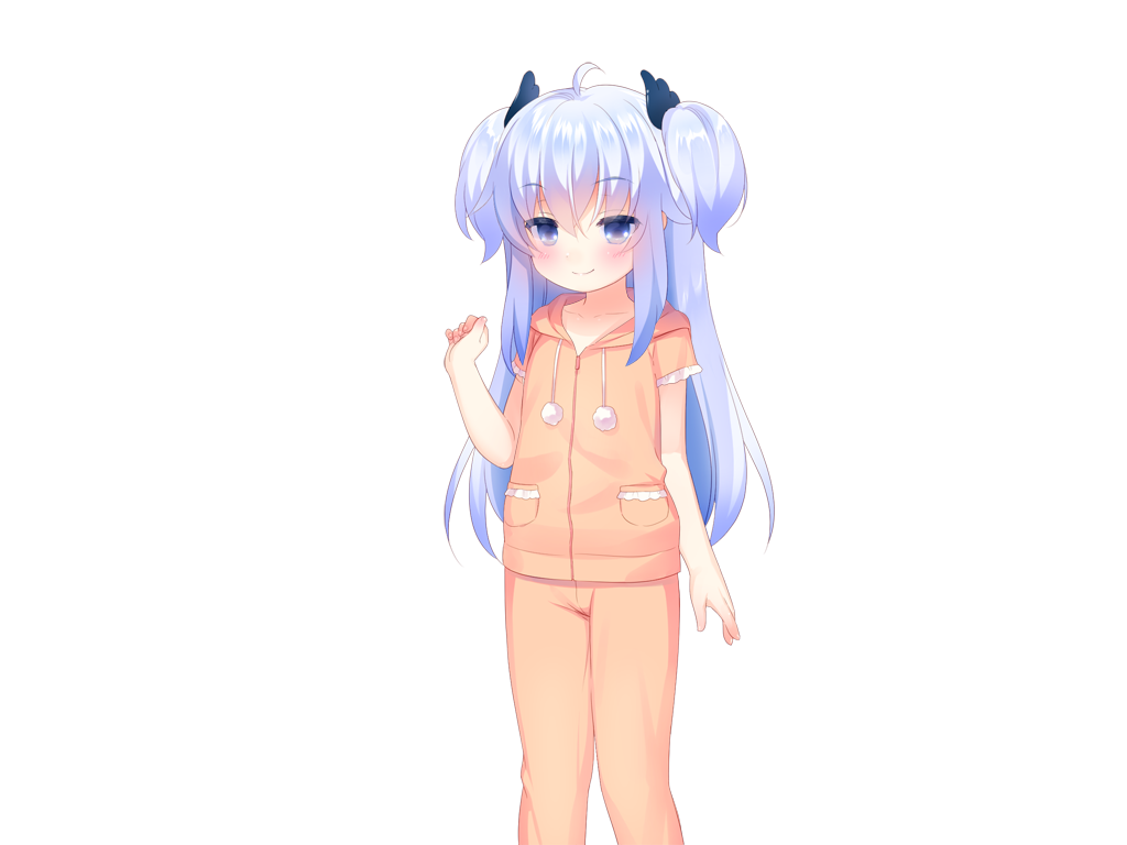 1girl ahoge blue_eyes blue_hair blush closed_mouth collarbone drawstring feet_out_of_frame game_cg hair_between_eyes hand_up harem_futago_lolita hood hood_down hoodie large_variant_set long_hair looking_at_viewer non-web_source orange_hoodie orange_pajamas orange_pants pajamas pants pom_pom_(clothes) short_sleeves sidelocks simple_background smile solo standing sunao_(harem_futago_lolita) tachi-e transparent_background two_side_up usashiro_mani variant_set