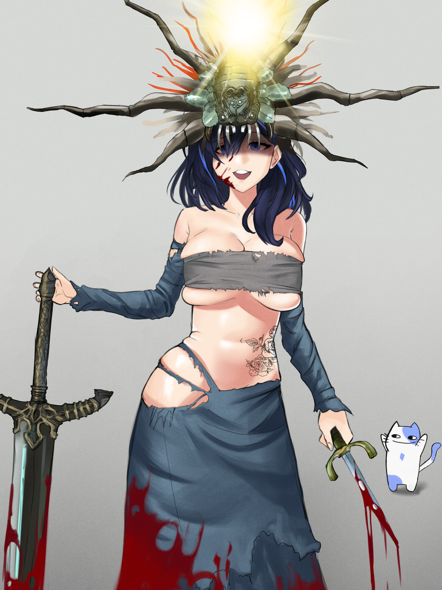 ayase_yuu blood breasts clothing_cutout dagger dark_souls_(series) dark_souls_i fromsoftware headgear heiz_illust highres hip_vent knife large_breasts midriff phase_connect skindentation sword underboob virtual_youtuber weapon