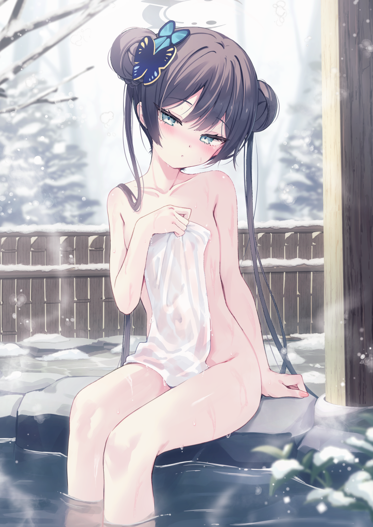 1girl black_hair blue_archive blue_eyes blush breasts butterfly_hair_ornament collarbone commentary_request double_bun flat_chest grey_eyes grey_halo hair_bun hair_ornament halo holding holding_towel kisaki_(blue_archive) loli long_hair looking_at_viewer naked_towel nude onsen parted_lips partially_submerged saeki_sora sitting small_breasts snow solo towel tree twintails very_long_hair water wet winter