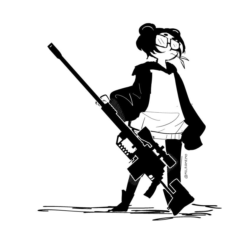 1girl artist_self-insert bolt_action boots cheytac_m200 glasses greyscale gun holding holding_gun holding_weapon hood hood_down hoodie long_sleeves milramemo monochrome mouth_hold opaque_glasses original pantyhose parted_bangs puffy_long_sleeves puffy_sleeves rifle shadow short_eyebrows short_hair simple_background sniper_rifle solo stalk_in_mouth standing thick_eyebrows twitter_username v-shaped_eyebrows weapon white_background