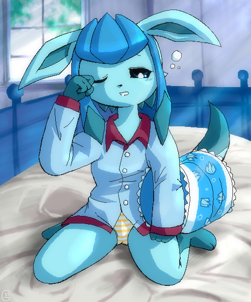 1girl animal animal_ears barefoot bed bedroom black_sclera blue_eyes blue_fur blue_hair blue_pajamas blue_shirt blue_theme blush bubble cat cat_ears cat_girl cat_tail colored_sclera flat_chest furry g-sun gen_4_pokemon glaceon holding holding_pillow light_rays loli long_sleeves looking_at_viewer nintendo on_bed one_eye_closed pajamas panties parted_lips pillow pokemon pokemon_(creature) rubbing_eyes shirt short_hair sidelocks sitting sleepy striped_clothes striped_panties sunbeam sunlight tail teeth underwear waking_up white_panties window