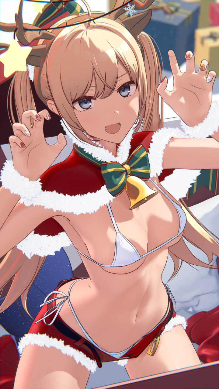 1girl 3d :d akehi_yuki animal_ears antlers bell belt bikini blurry blurry_background bow bowtie breasts capelet christmas christmas_lights claw_pose commentary_request fairy_lights fake_antlers fur-trimmed_capelet fur-trimmed_shorts fur_trim gift green_bow green_bowtie grey_eyes hands_up highres horns kneeling looking_at_viewer loose_belt medium_breasts micro_bikini miyo_(akehi_yuki) navel neck_bell open_mouth original red_capelet red_nails red_shorts reindeer_antlers short_shorts shorts side-tie_bikini_bottom smile solo string_lights swimsuit thighs twintails white_bikini