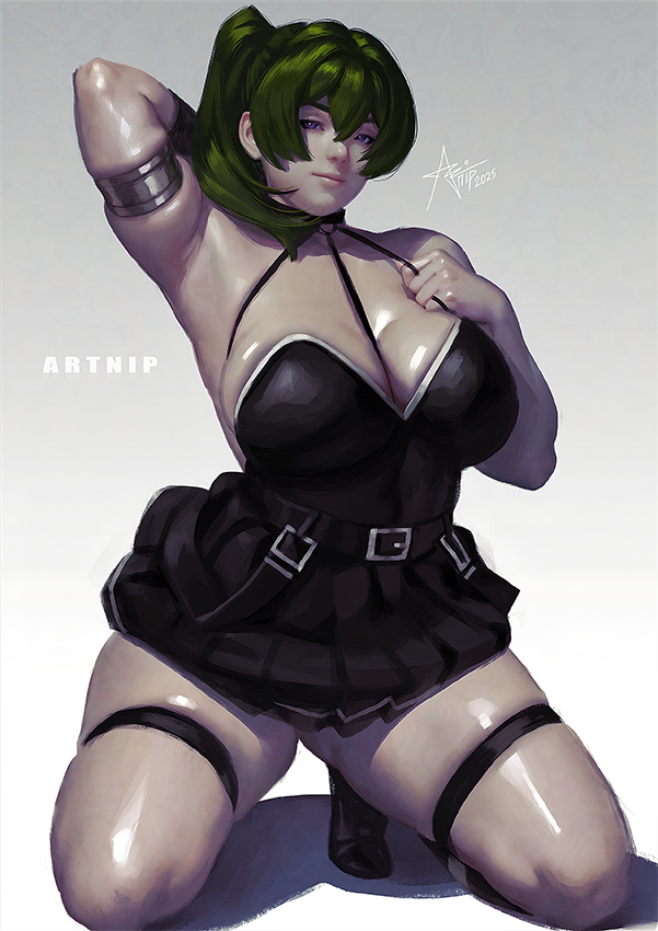 1girl arm_behind_head arm_up armlet artnip black_boots black_hair boots breasts cleavage curvy dress full_body gradient_background green_hair halter_dress halterneck hand_on_own_chest hand_up high_ponytail jewelry kneeling large_breasts ponytail short_dress solo sousou_no_frieren thigh_strap ubel_(sousou_no_frieren)