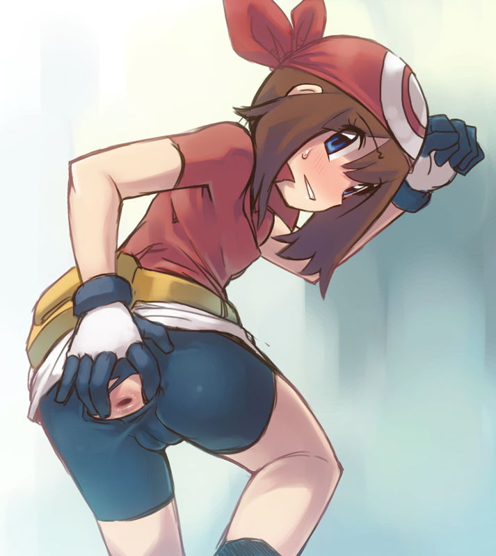 1girl against_wall anus anus_cutout anus_only ass ass_cutout bandana belt_pouch bike_shorts blue_eyes blush breasts brown_hair cameltoe clothing_cutout covered_erect_nipples fanny_pack female_focus from_behind gloves leg_lift loli looking_at_viewer looking_back may_(pokemon) nervous_smile nintendo no_panties pokemon pokemon_(anime) pokemon_rse pouch presenting presenting_anus profile shorts skirt small_breasts smile solo spread_anus standing stupa13a sweatdrop torn_bike_shorts torn_clothes uncensored white_skirt