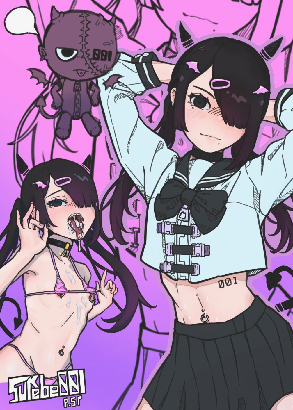 1girl bikini bikini_top_pull black_bow black_bowtie black_choker black_eyes black_hair black_skirt blush bow bowtie breasts choker demon demon_girl demon_horns demon_tail hair_over_one_eye highres horns long_hair long_sleeves looking_at_viewer micro_bikini midriff multiple_views navel_piercing nipple_piercing nipple_rings nipples number_tattoo open_mouth original piercing pink_background pleated_skirt post_(shake_shakepost) sailor_collar sharp_teeth shirt skirt small_breasts suggestive_fluid swimsuit tail tattoo teeth twintails white_shirt wing_hairpin zipper_pull_tab