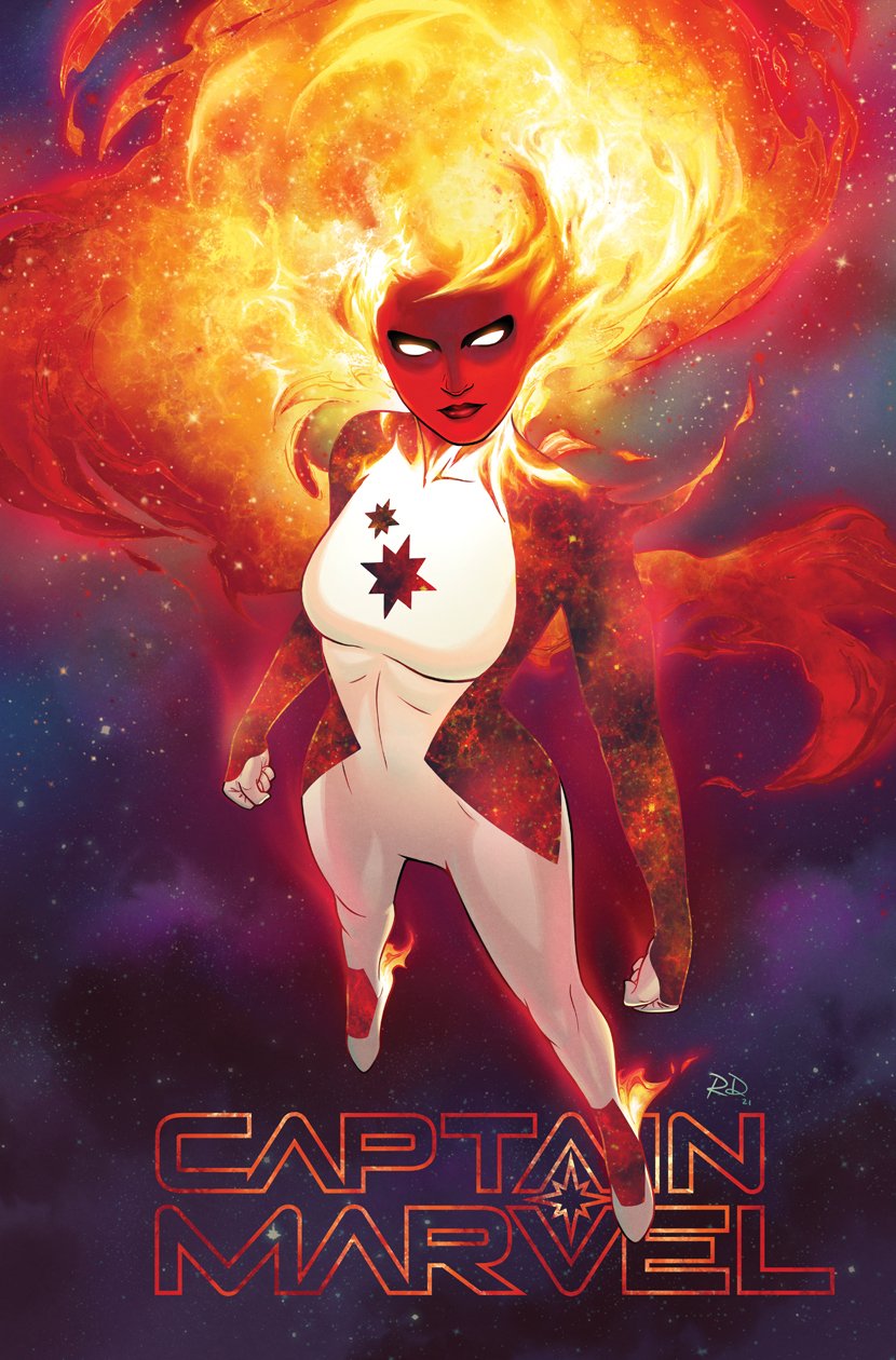 1girl binary_(marvel) bodysuit breasts clenched_hands colored_skin comic_cover commentary copyright_name covered_navel english_commentary fiery_hair full_body highres initial linea_alba looking_at_viewer marvel medium_breasts no_pupils official_art purple_background red_skin russell_dauterman solo space western_comics_(style) white_bodysuit