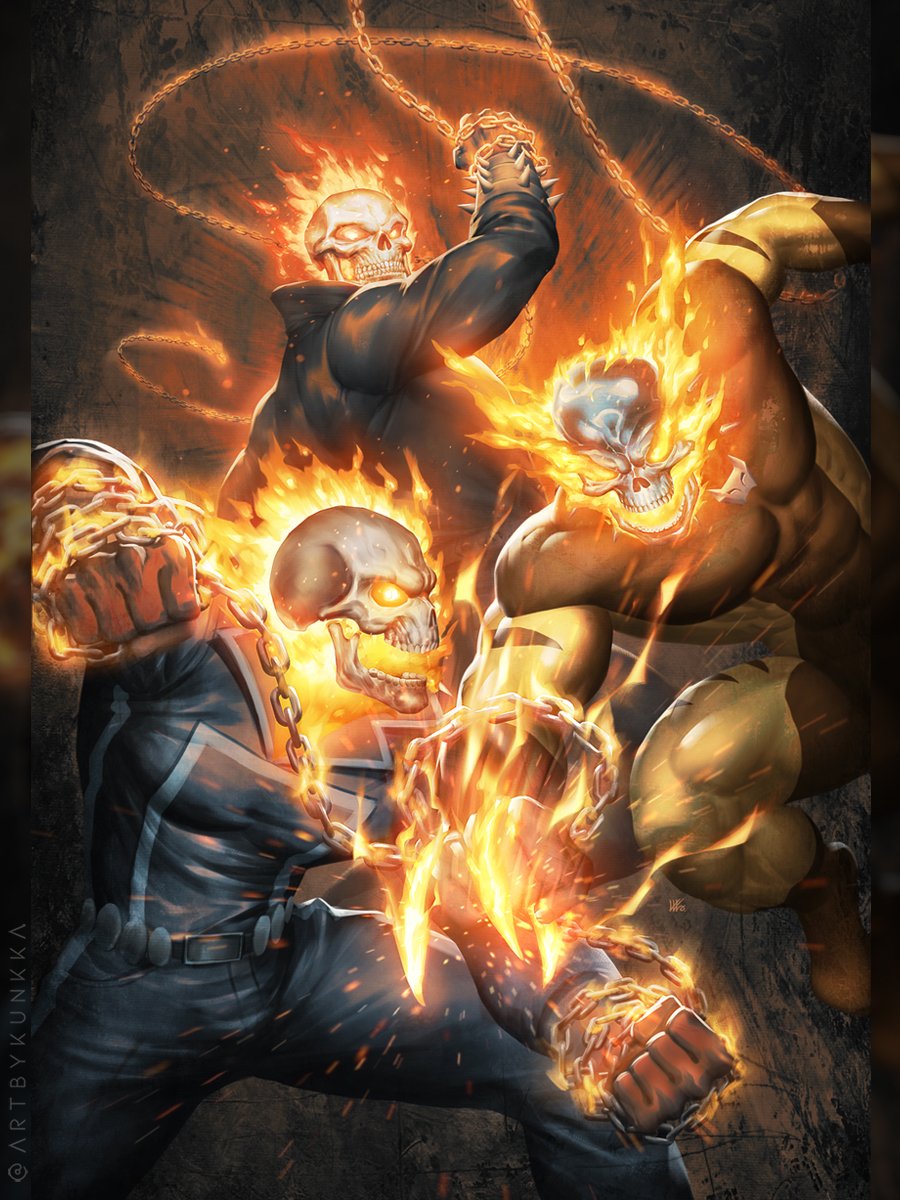 3boys bodysuit brown_bodysuit chain character_request comic_cover commentary covered_abs covered_pectorals daken english_commentary fighting fire flaming_skull ghost_rider ghost_rider_(series) hellverine highres holding holding_chain kunkka male_focus marvel multicolored_bodysuit multiple_boys muscular muscular_male official_art pectorals skull skull_head superhero_costume twitter_username wolverine_(x-men) x-men yellow_bodysuit