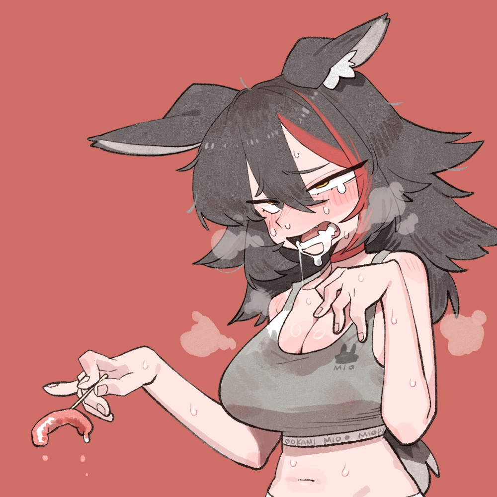1girl alternate_costume animal_ear_fluff animal_ears bare_shoulders black_hair breasts choker cleavage cocomayo29_(tomato) commentary_request fangs food hair_between_eyes holding hololive korean_commentary large_breasts long_hair midriff multicolored_hair ookami_mio open_mouth red_background red_choker red_hair saliva solo steaming_body sweat tears virtual_youtuber wolf_ears wolf_girl yellow_eyes
