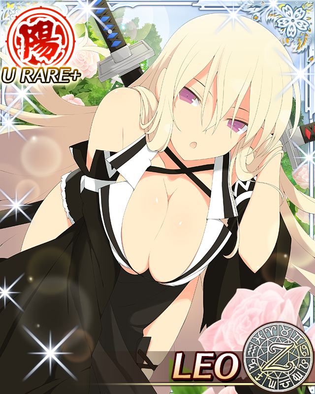 1girl :o adjusting_hair aquarius_(symbol) aries_(symbol) bare_shoulders bikini bikini_top_only black_ribbon black_shorts black_thighhighs blonde_hair blue_sky border breasts cancer_(symbol) capricorn_(symbol) card_(medium) character_name cleavage cloud cosplay day detached_sleeves dodecagram fence flower garden gemini_(symbol) hair_between_eyes katana large_breasts leaning_forward leo_(senran_kagura) leo_(symbol) libra_(symbol) long_hair looking_at_viewer official_art outdoors pelvic_curtain picket_fence pink_flower pink_rose pisces_(symbol) purple_eyes revealing_clothes ribbon rose sagittarius_(symbol) school_emblem scorpio_(symbol) senran_kagura senran_kagura_new_wave shiny_skin short_hair shorts sky smile solo swimsuit sword sword_on_back taurus_(symbol) thighhighs tsuba_(guard) very_long_hair virgo_(symbol) weapon weapon_on_back white_bikini wooden_fence yuyaki_(senran_kagura) yuyaki_(senran_kagura)_(cosplay) zodiac_wheel