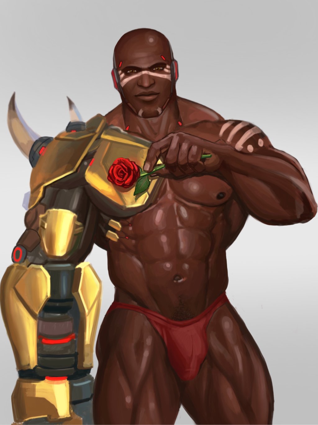 1boy abs bara body_markings bulge dark_skin doomfist_(overwatch) flower highres iblokes male_swimwear mechanical_arms muscular muscular_male non-web_source overwatch overwatch_1 pectorals red_flower red_rose rose seductive_smile smile swim_briefs