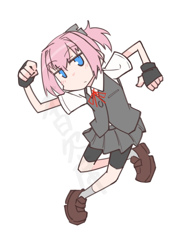 1girl bike_shorts bike_shorts_under_skirt black_gloves black_shorts blue_eyes commentary_request fingerless_gloves full_body gloves grey_skirt grey_vest honketsu kantai_collection looking_at_viewer pink_hair pleated_skirt ponytail shiranui_(kancolle) shiranui_kai_ni_(kancolle) short_hair shorts simple_background skirt solo vest watermark white_background