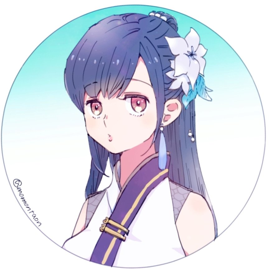 1girl bare_shoulders black_hair commentary_request earrings final_fantasy final_fantasy_vii final_fantasy_vii:_ever_crisis flower hair_flower hair_ornament japanese_clothes jewelry kimono long_hair looking_at_viewer momontaon official_alternate_costume sleeveless sleeveless_kimono solo tifa_lockhart tifa_lockhart_(festive_blue_daffodil_attire) twitter_username upper_body white_flower white_kimono