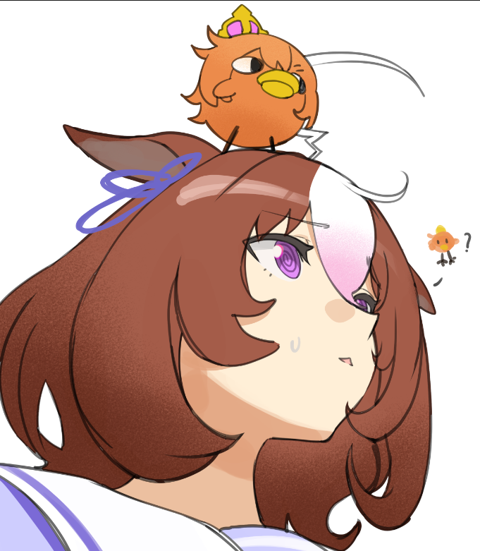1girl ? @_@ ahoge animal animal_ears animal_on_head animalization beak bird bird_on_head bow brown_hair close-up crown double-parted_bangs ear_ribbon fikkyun from_below hair_between_eyes horse_ears horse_girl meisho_doto_(umamusume) multicolored_hair on_head orange_hair pink_crown purple_eyes purple_shirt recursive_animalization sailor_collar school_uniform shirt short_hair sweatdrop t.m._opera_o_(umamusume) tracen_school_uniform two-tone_hair umamusume white_hair white_sailor_collar