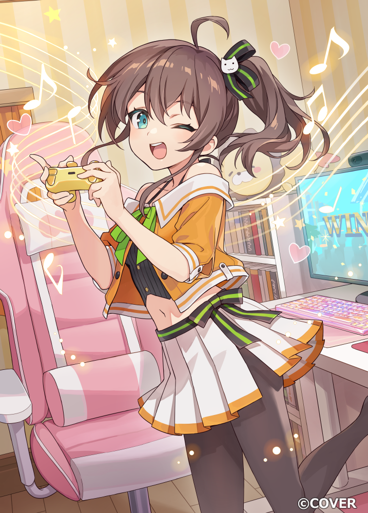 1girl ;d ahoge aqua_eyes black_camisole black_pantyhose black_ribbon blue_eyes brown_hair camisole chair commentary_request computer_keyboard controller copyright_name crop_top cropped_jacket game_controller gaming_chair green_ribbon hair_between_eyes hair_ribbon halterneck holding holding_controller holding_game_controller hololive indoors jacket looking_at_viewer midriff miniskirt monitor musical_staff natsuiro_matsuri natsuiro_matsuri_(1st_costume) navel neck_ribbon off-shoulder_jacket off_shoulder official_art one_eye_closed open_mouth orange_jacket pantyhose pinstripe_camisole pinstripe_pattern pleated_skirt pota_(bluegutty) ribbon side_ponytail skirt smile solo spaghetti_strap swivel_chair teeth upper_teeth_only virtual_youtuber white_skirt