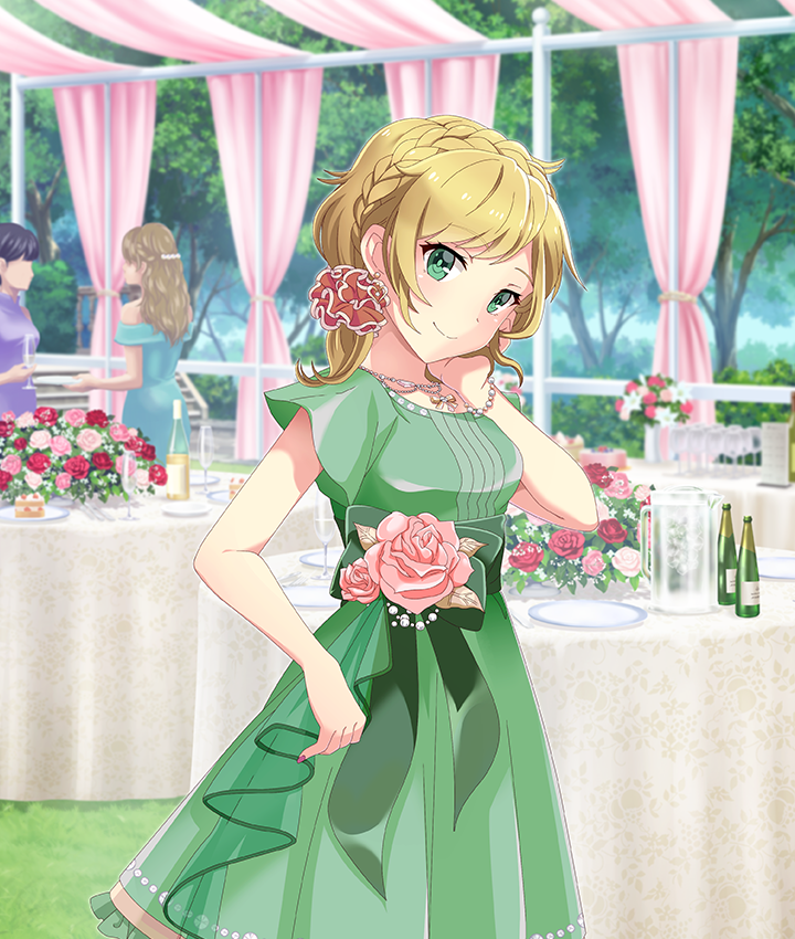 3girls aqua_dress bare_shoulders black_hair blonde_hair bracelet braid breasts brown_hair champagne_bottle champagne_flute closed_mouth crown_braid cup dress drinking_glass feet_out_of_frame flower formal_clothes game_cg green_dress green_eyes green_sash hand_on_own_head head_tilt jewelry lily_(flower) long_hair looking_at_viewer medium_breasts multiple_girls naruse_miki_(toji_no_miko) off-shoulder_dress off_shoulder official_art pearl_bracelet pink_flower pink_nails pink_rose pitcher_(container) plate purple_dress red_flower red_rose rose round_table sash short_hair short_sleeves sidelocks smile solo_focus table tablecloth third-party_source toji_no_miko toji_no_miko:_kizamishi_issen_no_tomoshibi tree white_flower white_lily white_rose