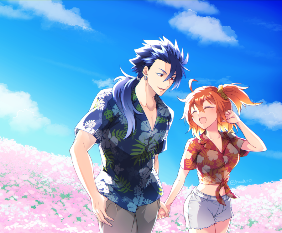 0nodera 1boy 1girl ahoge blue_hair blue_shirt closed_eyes cloud collarbone commentary_request cu_chulainn_(fate) cu_chulainn_(fate/prototype) earrings fate/grand_order fate_(series) field flower flower_field fujimaru_ritsuka_(female) fujimaru_ritsuka_(female)_(tropical_summer) grey_shorts hair_ornament hair_scrunchie happy hawaiian_shirt holding_hands jewelry looking_at_another one_side_up open_mouth orange_hair parted_lips ponytail red_shirt scrunchie shirt shorts tied_shirt