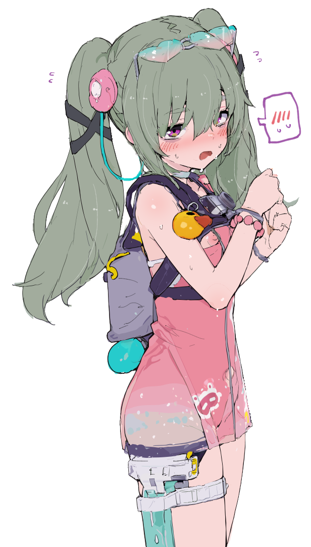 1girl bare_shoulders blush bracelet camera camera_around_neck commentary_request corin_wickes cosplay cowboy_shot eyewear_on_head flying_sweatdrops from_side gradient-tinted_eyewear green_hair hair_between_eyes hearing_aid heart heart-shaped_eyewear jewelry kousakuin_(firstsatyam) long_hair looking_at_viewer one-piece_swimsuit open_mouth pink_one-piece_swimsuit simple_background solo spoken_blush sweat swimsuit thigh_strap tinted_eyewear twintails ukinami_yuzuha ukinami_yuzuha_(cosplay) ukinami_yuzuha_(tanuki_in_broad_daylight) water_gun white_background zenless_zone_zero