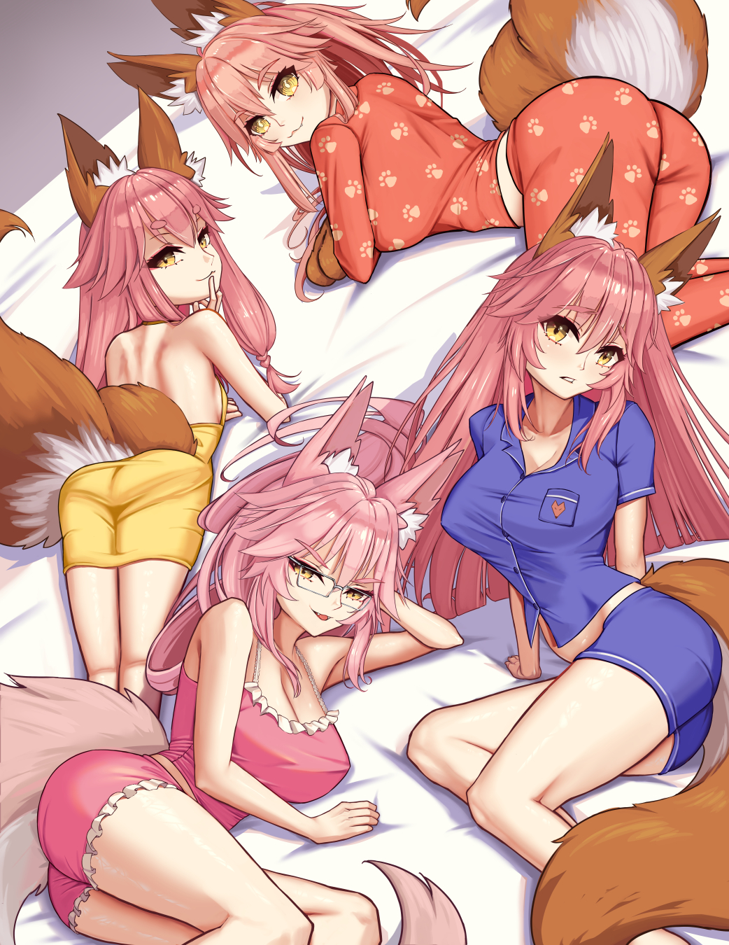 4girls animal_ear_fluff animal_ears animal_hands ass bare_shoulders blue_shirt blue_shorts blush breasts camisole cleavage dress fate/grand_order fate/samurai_remnant fate_(series) fox_ears fox_girl fox_tail glasses gloves hair_between_eyes highres kapi-san koyanskaya_(fate) large_breasts long_hair long_sleeves looking_at_viewer multiple_girls orange_pants orange_shirt pajamas pants paw_gloves pink_camisole pink_hair pink_shorts shirt short_dress short_sleeves shorts sidelocks small_breasts smile tail tamamo_aria_(fate) tamamo_cat_(fate) tamamo_no_mae_(fate) thighs yellow_dress yellow_eyes