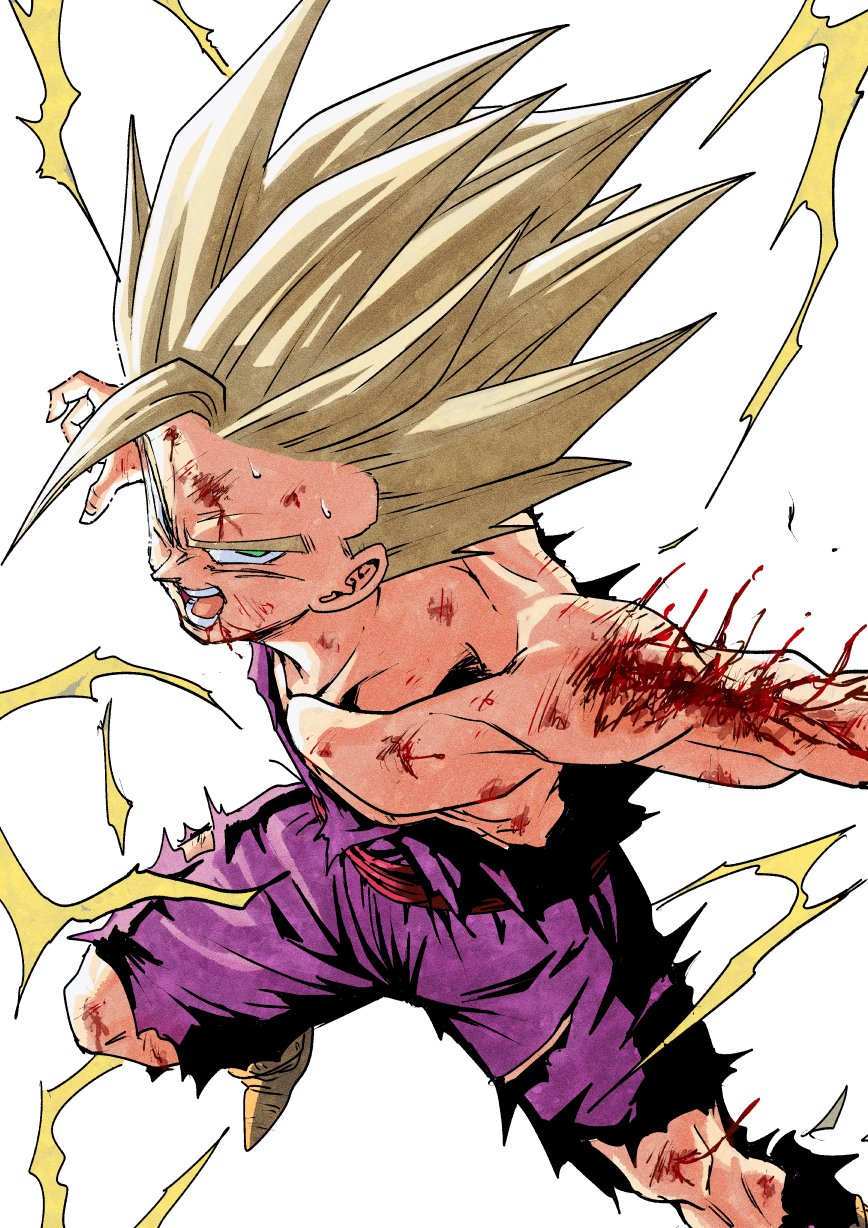 blonde_hair blood blood_on_arm blood_on_face commentary_request dragon_ball dragonball_z electricity green_eyes gvdygdu highres pants purple_pants purple_shirt red_sash sash shirt short_hair simple_background son_gohan super_saiyan super_saiyan_2 torn_clothes torn_pants torn_shirt white_background