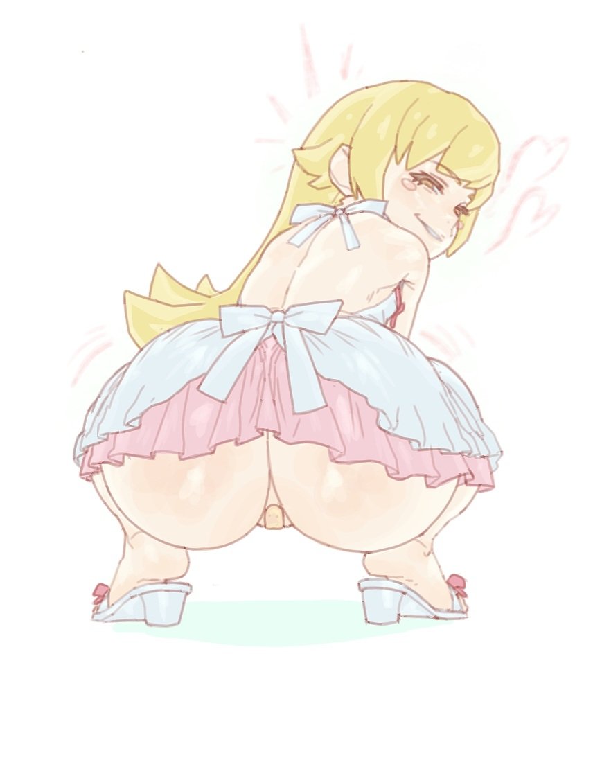 1girl ass ass_focus bandaid bandaid_on_pussy blonde_hair blush bow commentary dress dress_bow english_commentary feet high_heels huge_ass kyojiri_loli loli long_hair looking_back monogatari_(series) oshino_shinobu plank_(zfzt7835) smile smirk solo squatting white_background yellow_eyes