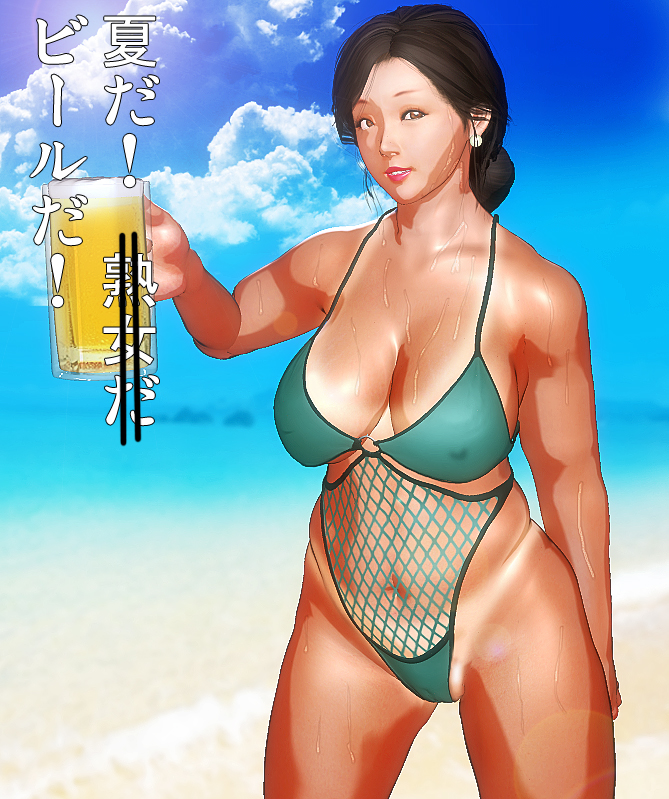 1girl alcohol beach beer beer_mug bikini black_hair breasts brown_eyes cleavage cloud covered_erect_nipples cup day earrings fishnets jewelry kill_the_king large_breasts lips mature_female mug outdoors sky solo swimsuit tan tanline wet