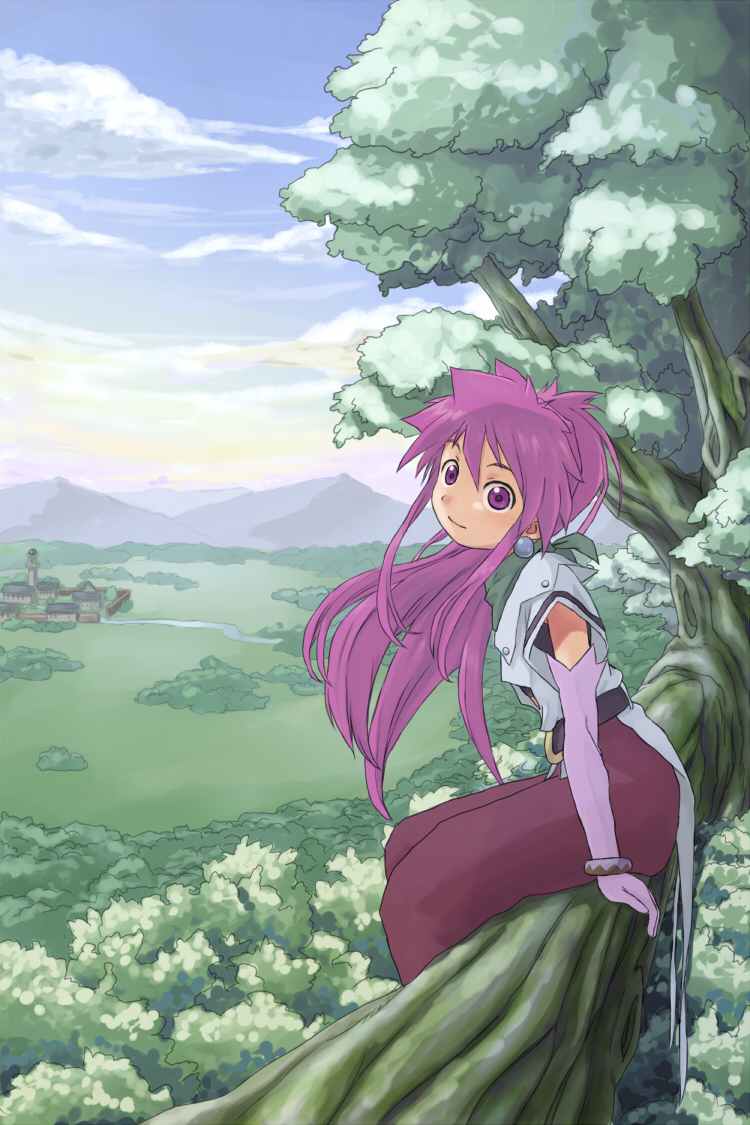 1girl arche_klein blue_sky cloud commentary_request in_tree long_hair looking_at_viewer nature outdoors purple_eyes purple_hair scenery sitting sitting_in_tree sky smile solo tales_of_(series) tales_of_phantasia toraneko tree