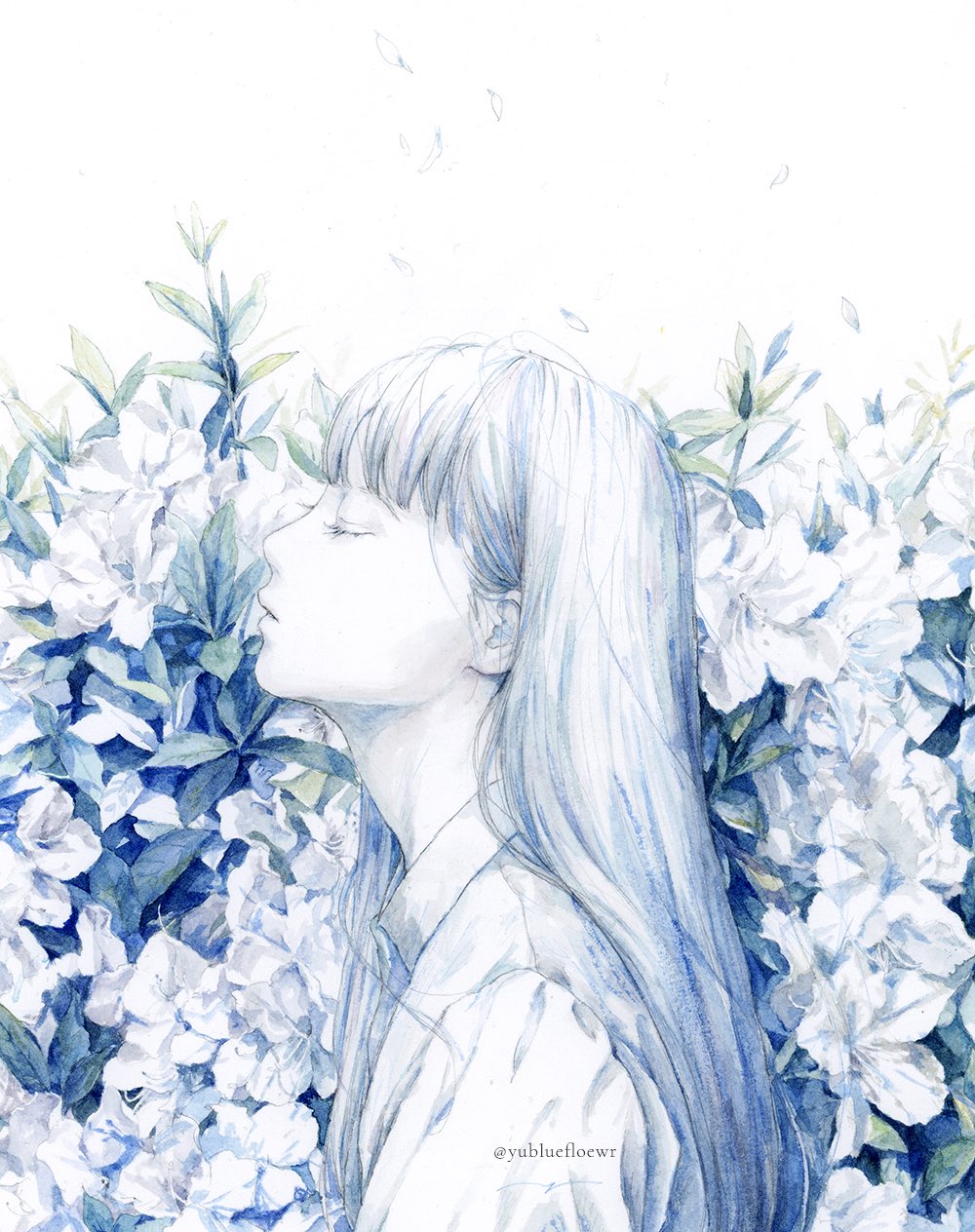 1girl closed_eyes colored_skin commentary_request expressionless flower from_side highres long_hair original painting_(medium) petals profile ringo_komachi solo traditional_media upper_body watercolor_(medium) white_flower white_hair white_skin white_theme
