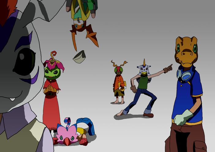 3girls 5boys agumon digimon digimon_adventure gabumon glasses goggles goggles_on_head gomamon hat ishida_yamato izumi_koshiro kido_jo looking_at_viewer multiple_boys multiple_girls palmon patamon piyomon tachikawa_mimi takaishi_takeru takenouchi_sora tentomon what bad_tag yagami_taichi