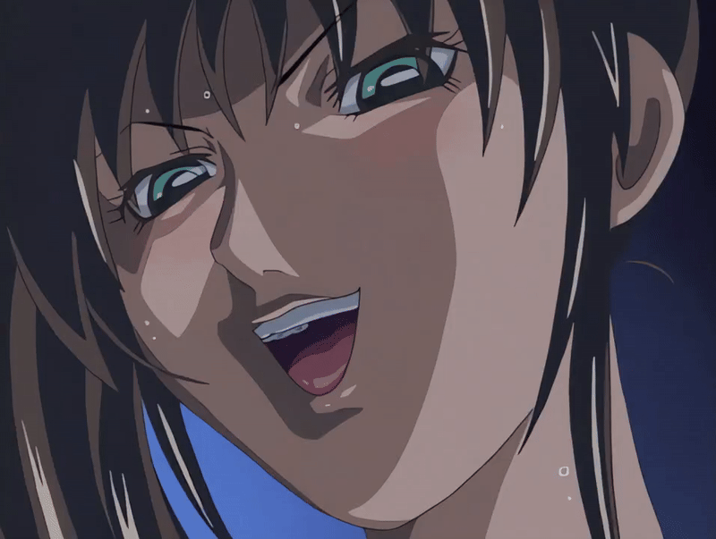 00s 1futa 2003 animated animated_gif anime_screenshot bible_black bible_black_night_of_the_walpulgiss brown_hair futanari hair_ornament imari_kurumi implied_fellatio implied_futanari long_hair open_mouth side_ponytail smile solo sweat