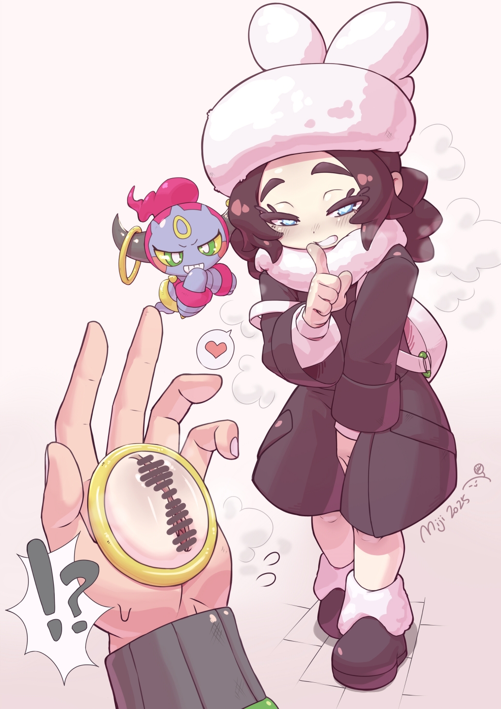 !? 1boy 1girl ansha_(pokemon) backpack bag bar_censor censored coat finger_to_mouth flying_sweatdrops gen_6_pokemon grin half-closed_eyes hat heart highres hoopa hoopa_(confined) index_finger_raised leg_warmers legendary_pokemon loli long_hair miji_doujing_daile mythical_pokemon nintendo paxton_(pokemon) pokemon pokemon_(creature) pokemon_legends:_z-a portal_(object) pussy scarf shoes shushing smile spoken_heart standing teeth