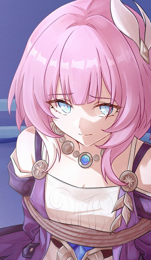 1girl bare_shoulders bdsm blue_eyes bondage bound commentary cyrene_(honkai:_star_rail) cyrene_(philia093)_(honkai:_star_rail) dress english_commentary hair_ornament honkai:_star_rail honkai_(series) jewelry looking_at_viewer necklace off-shoulder_dress off_shoulder pink_hair purple_dress rope short_hair solo two-tone_dress upper_body vakaosciosa white_dress