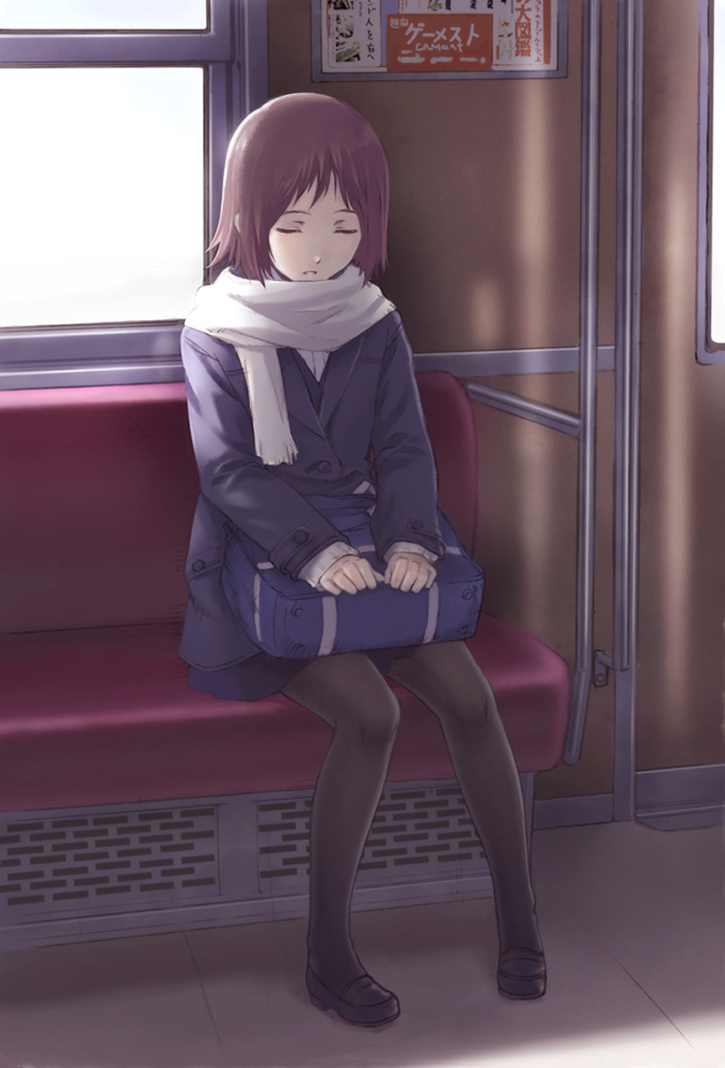 1girl bag brown_hair closed_eyes female_focus highres legs nyaou original pantyhose scarf school_uniform short_hair sitting sleeping sleeping_upright solo train train_interior