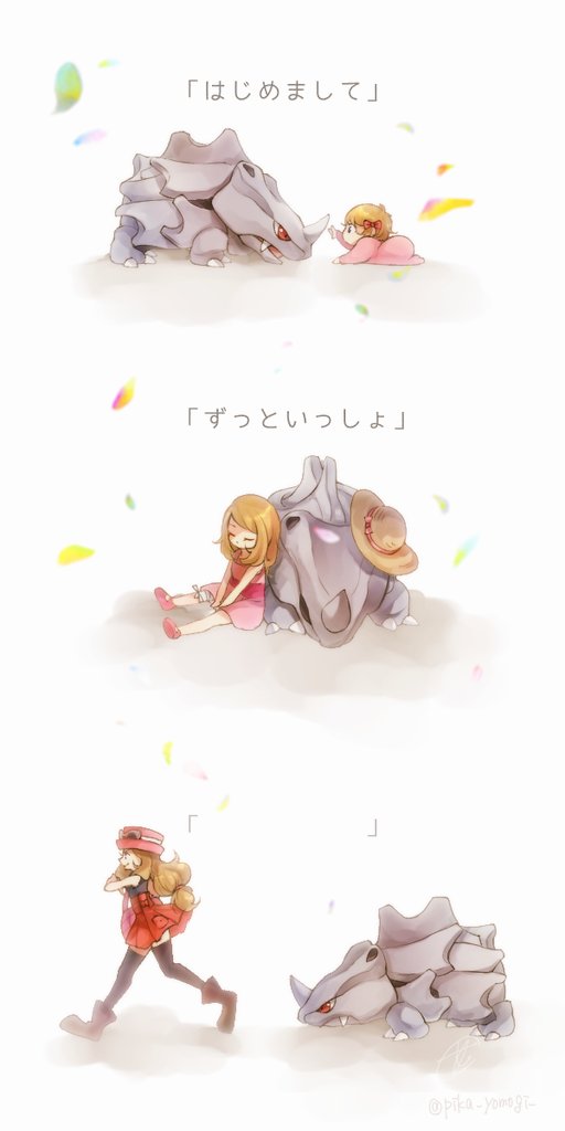 1girl age_progression aged_down bandaged_leg bandages black_thighhighs blonde_hair boots brown_footwear closed_eyes dress eyewear_on_headwear falling_leaves gen_1_pokemon hat leaf long_hair nintendo pink_dress pink_headwear pink_shoes pleated_skirt pokemon pokemon_(creature) pokemon_xy red_skirt rhyhorn serena_(pokemon) shirt shoes sitting skirt sleeveless sleeveless_shirt sunglasses thighhighs translated yomogi_(black-elf)