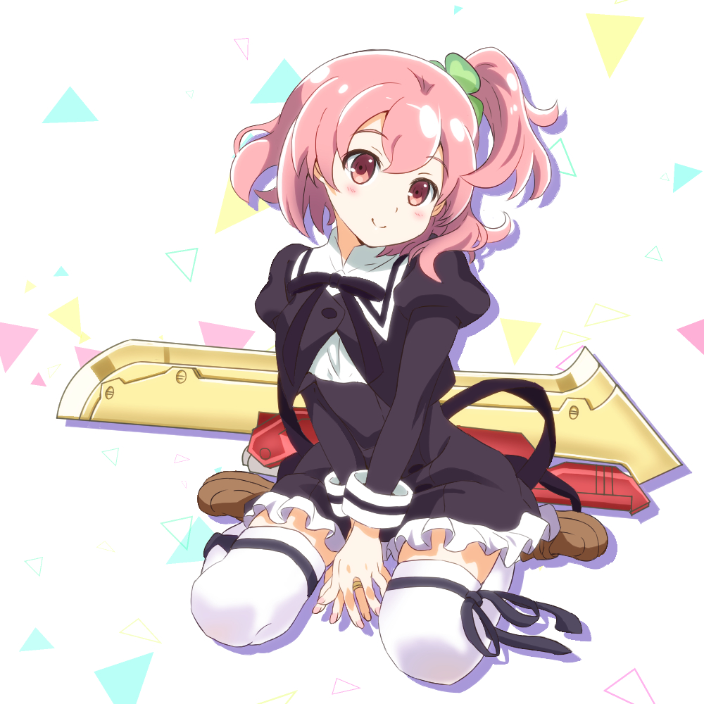 1girl assault_lily black_ribbon blush brown_shoes closed_mouth commentary_request emuushi hitotsuyanagi_riri juliet_sleeves kneeling loafers long_sleeves looking_at_viewer one_side_up pink_hair puffy_sleeves red_eyes ribbon ribbon-trimmed_thighhighs ribbon_trim shoes short_hair smile solo thighhighs triangle weapon white_background white_thighhighs