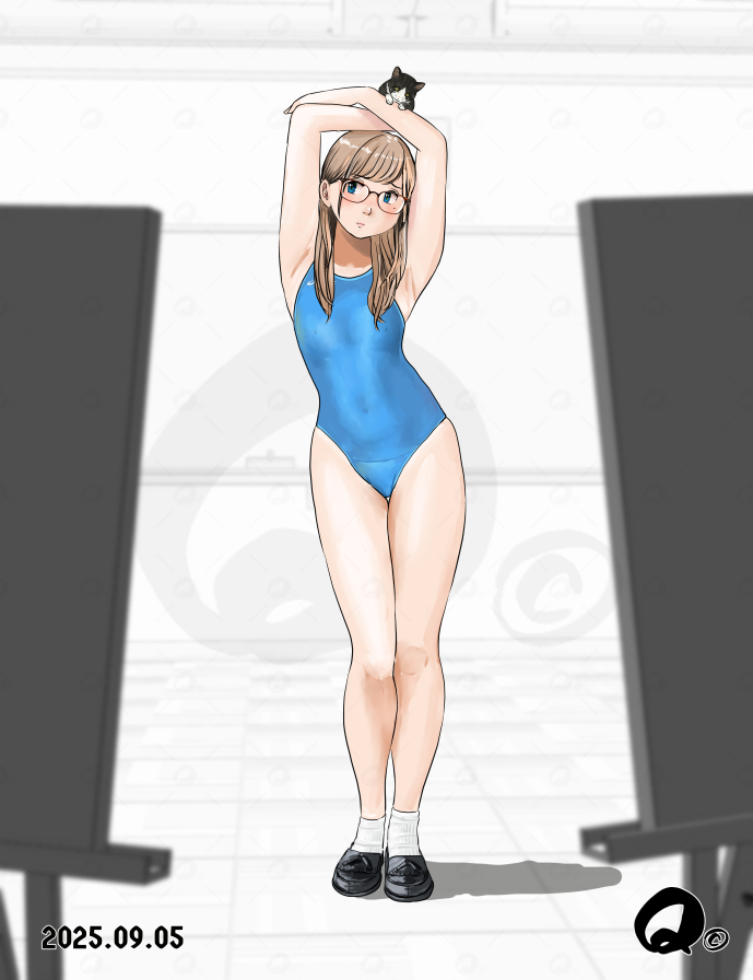 1girl animal animal_on_head armpits arms_up black_shoes blue_eyes blue_one-piece_swimsuit brown_hair cat cat_on_head commentary_request competition_swimsuit dated flat_chest full_body glasses on_head one-piece_swimsuit original presenting_armpit q98780409 shoes solo swimsuit watermark