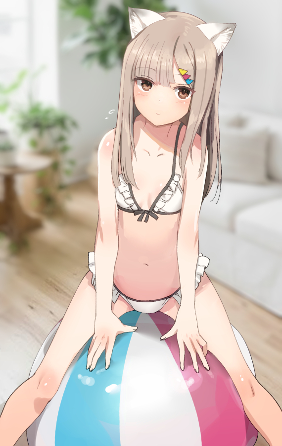 1girl alice_gear_aegis animal_ear_fluff ball bare_arms bare_shoulders beachball bikini blurry blurry_background breasts brown_eyes brown_hair closed_mouth commentary_request frilled_bikini frills hair_ornament hairclip indoors long_hair looking_at_viewer navel on_ball rakuhana_meru shimada_fumikane sitting sitting_on_ball small_breasts solo stomach swimsuit triangle_hair_ornament white_bikini